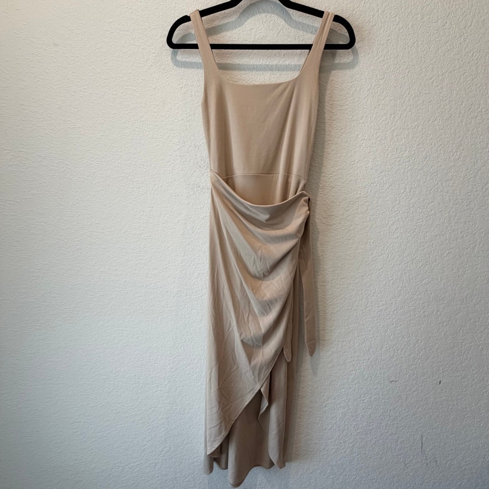 Wilfred Aritzia Beige Wrap Midi Dress Square Neck Sleeveless Tan XS
